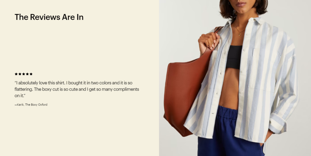 Sección de reseñas de la página de inicio de Everlane 