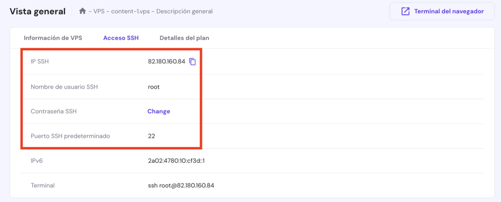Vista general de VPS en hPanel