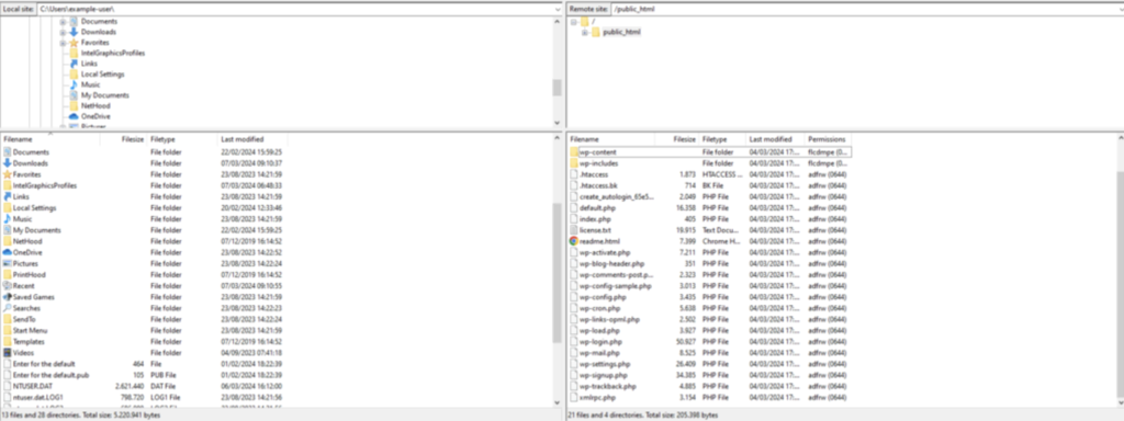 interfaz de doble panel de FileZilla
