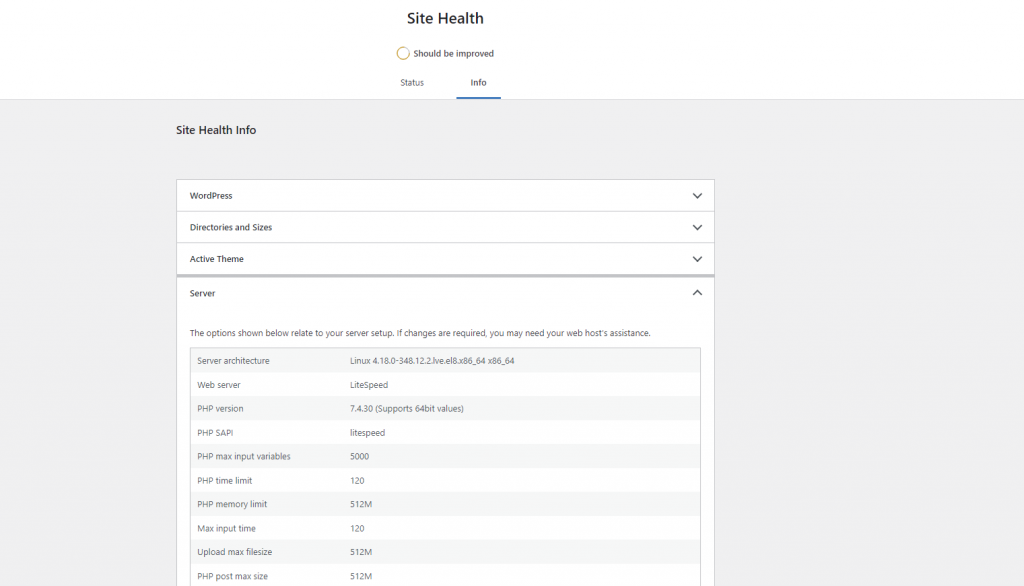 Server information section on WordPress dashboard
