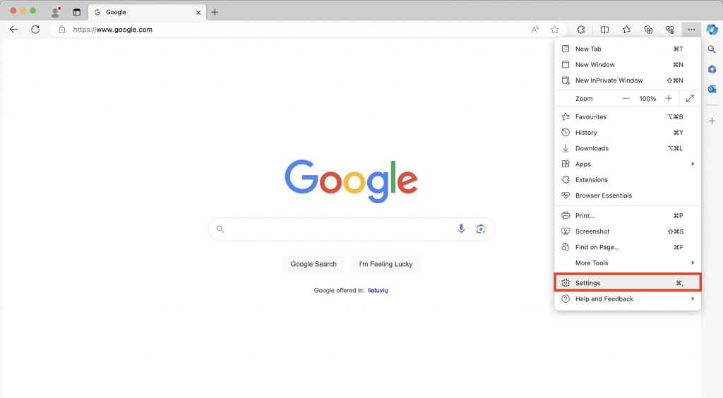 Microsoft Edge browser menu expanded with Settings highlighted