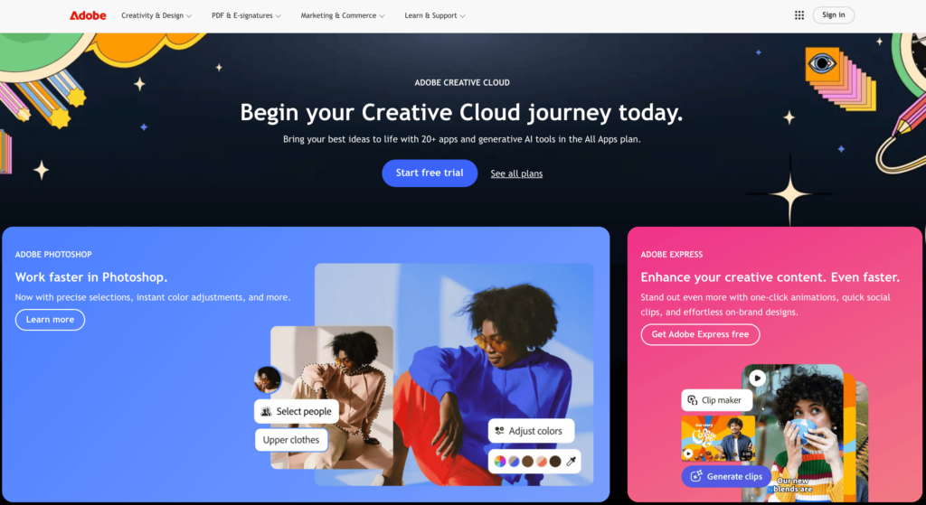 Homepage of Adobe